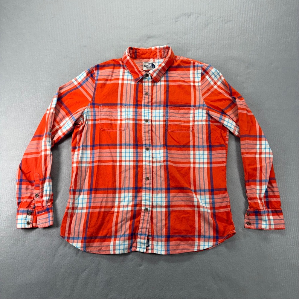 The North Face Button Up‎ Shirt Womens XL Orange Plaid Flannel Long Sleeve